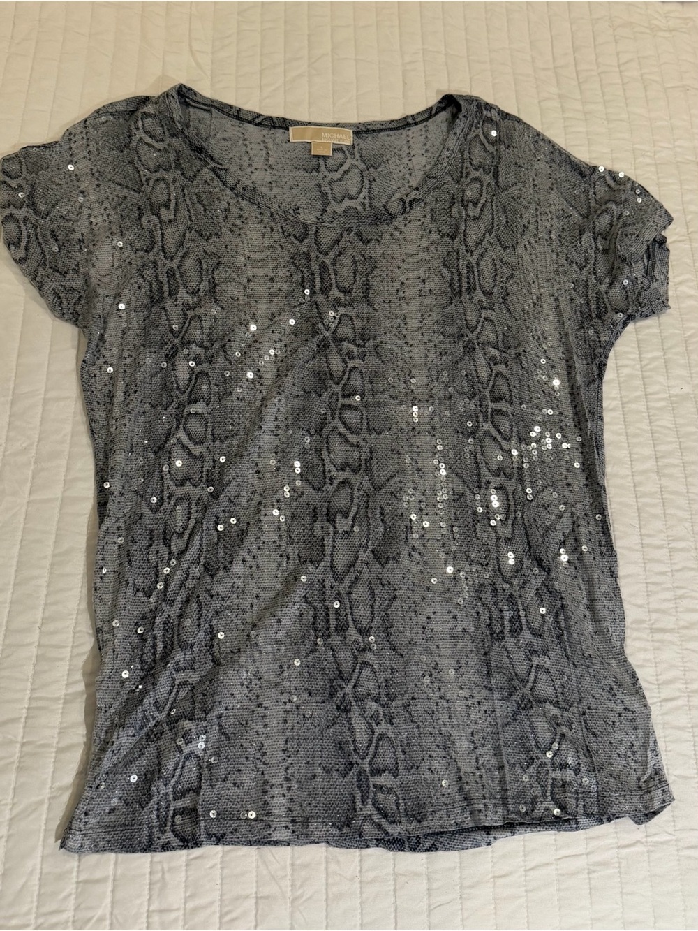 Michael Kors Gray Sequined Snake-Print Short Sleeve Tee